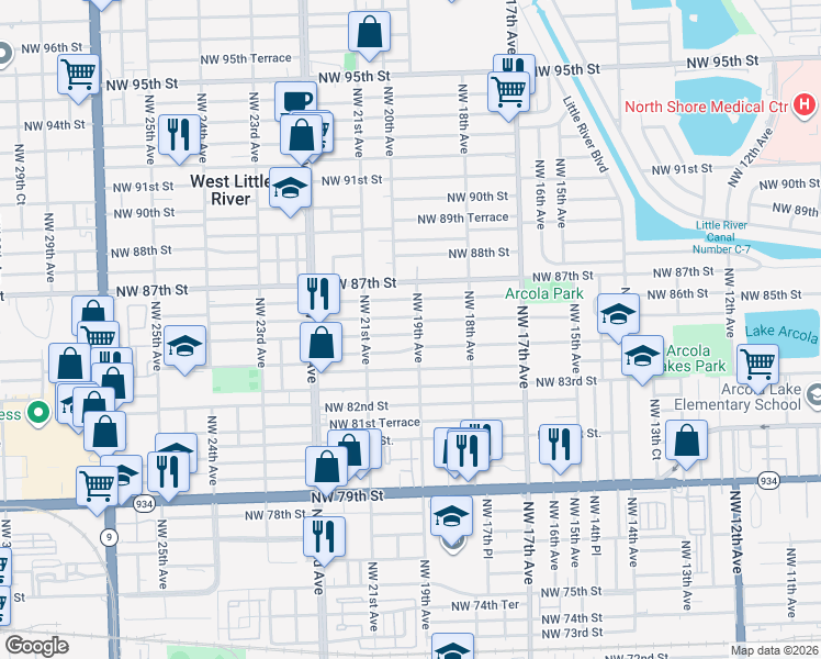 map of restaurants, bars, coffee shops, grocery stores, and more near 1942 Northwest 86th Street in Miami