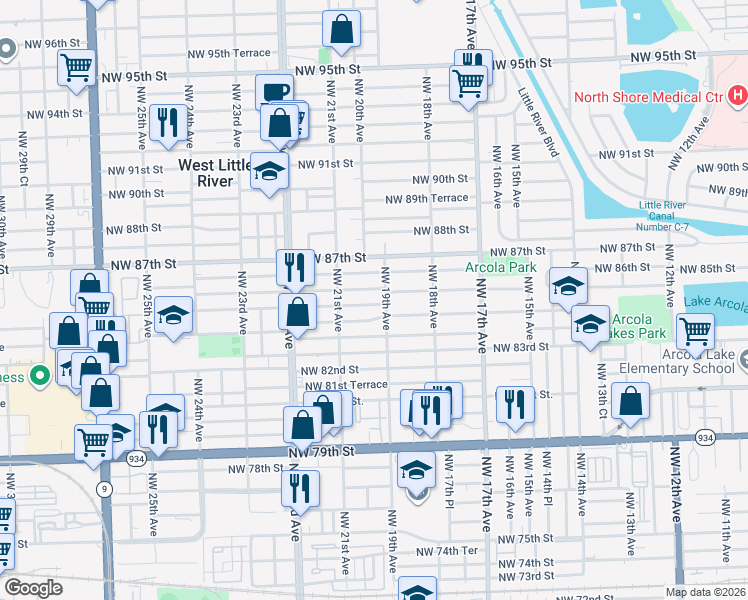 map of restaurants, bars, coffee shops, grocery stores, and more near 1942 Northwest 86th Street in Miami