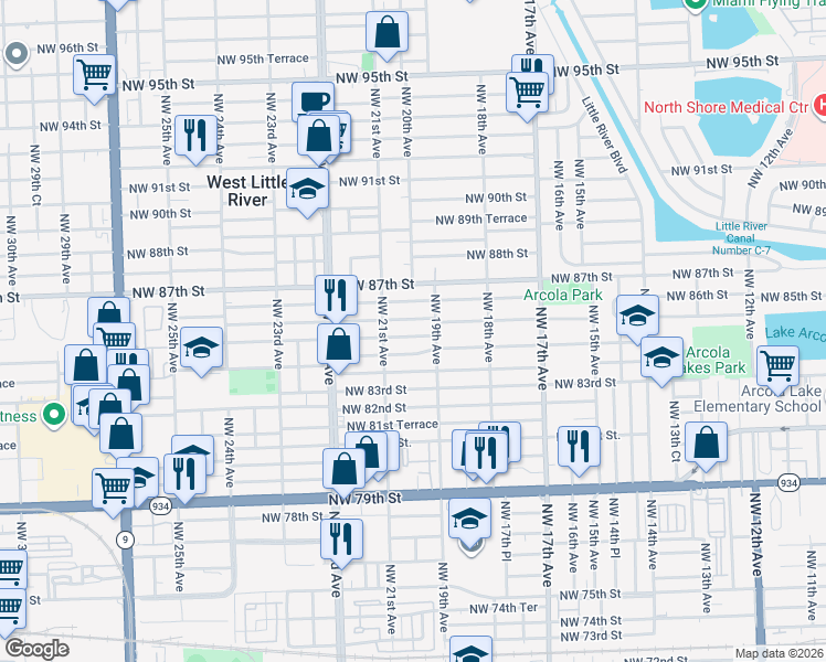 map of restaurants, bars, coffee shops, grocery stores, and more near 1942 Northwest 86th Street in Miami