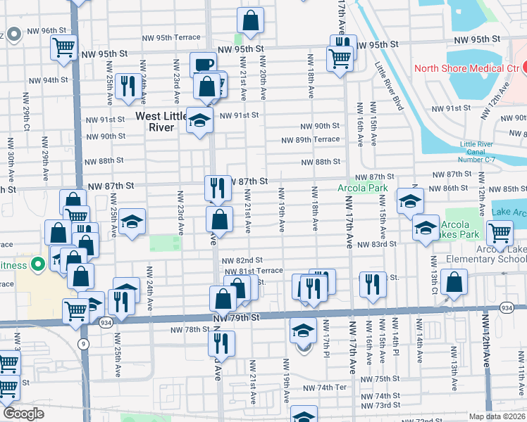 map of restaurants, bars, coffee shops, grocery stores, and more near 1942 Northwest 86th Street in Miami