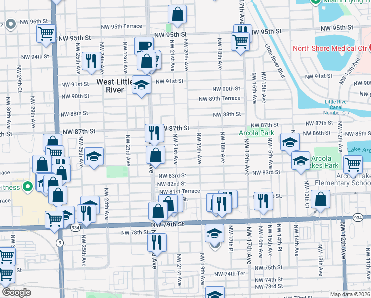 map of restaurants, bars, coffee shops, grocery stores, and more near 1942 Northwest 86th Street in Miami