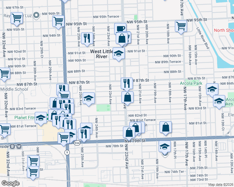 map of restaurants, bars, coffee shops, grocery stores, and more near 2251 Northwest 86th Street in Miami