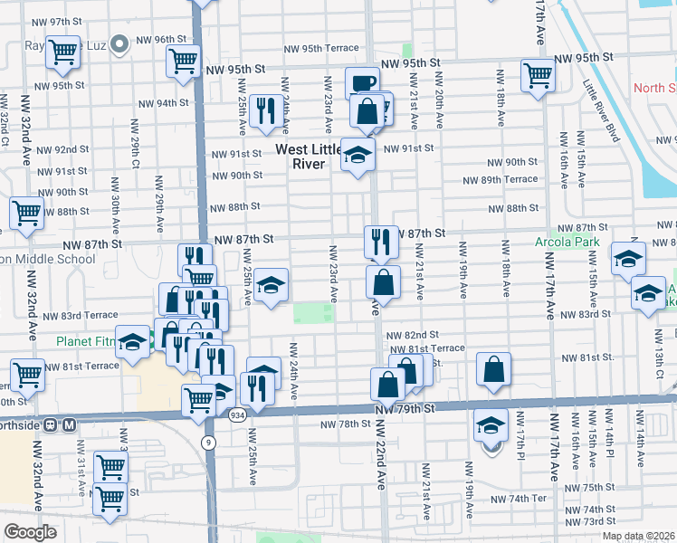 map of restaurants, bars, coffee shops, grocery stores, and more near 2251 Northwest 86th Street in Miami