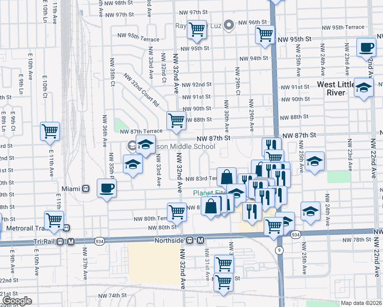 map of restaurants, bars, coffee shops, grocery stores, and more near 3085 Northwest 86th Street in Miami
