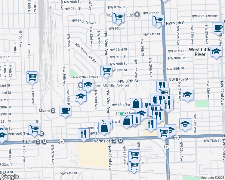 map of restaurants, bars, coffee shops, grocery stores, and more near 3155 Northwest 86th Street in Miami