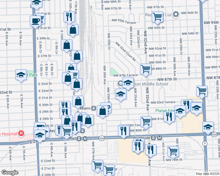 map of restaurants, bars, coffee shops, grocery stores, and more near 8626 Northwest 35th Place in Miami