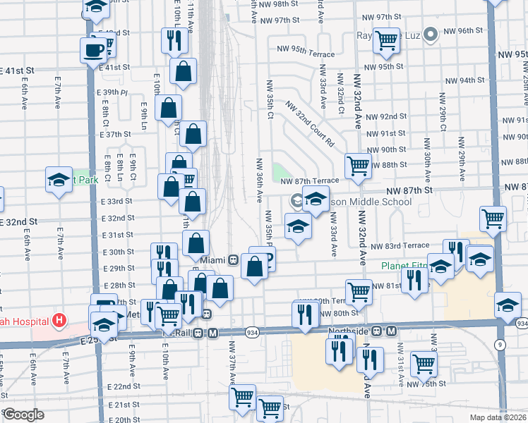 map of restaurants, bars, coffee shops, grocery stores, and more near 8626 Northwest 35th Place in Miami