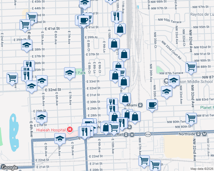 map of restaurants, bars, coffee shops, grocery stores, and more near 942 East 33rd Street in Hialeah