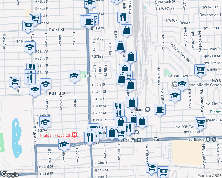 map of restaurants, bars, coffee shops, grocery stores, and more near 942 East 33rd Street in Hialeah