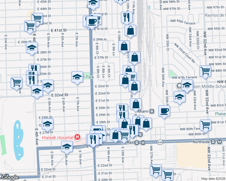 map of restaurants, bars, coffee shops, grocery stores, and more near 942 East 33rd Street in Hialeah