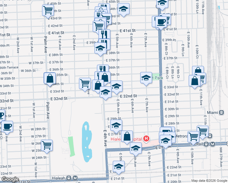 map of restaurants, bars, coffee shops, grocery stores, and more near 501 East 33rd Street in Hialeah