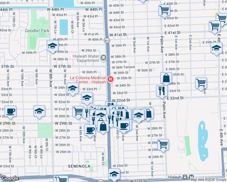 map of restaurants, bars, coffee shops, grocery stores, and more near 342 West 34th Street in Hialeah