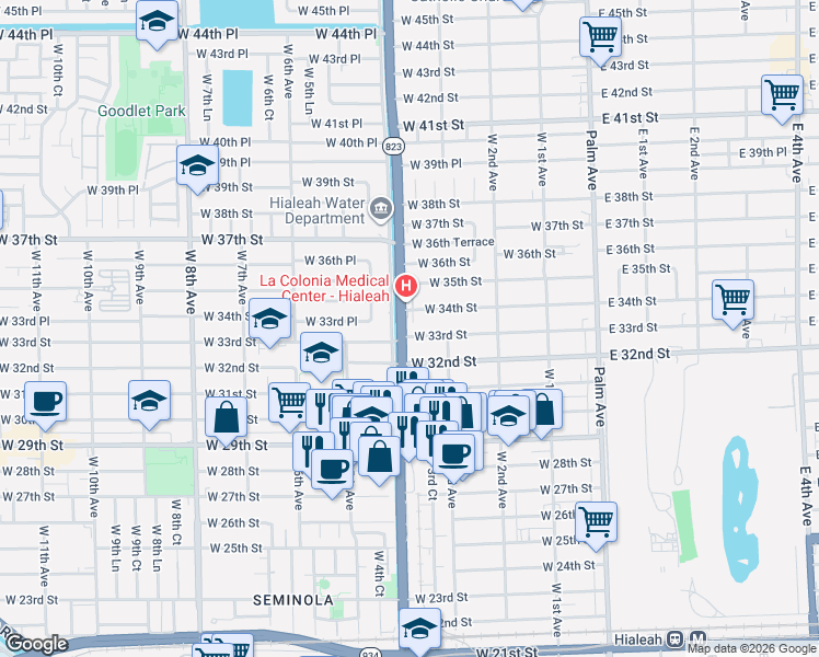 map of restaurants, bars, coffee shops, grocery stores, and more near 3370 West 4th Avenue in Hialeah