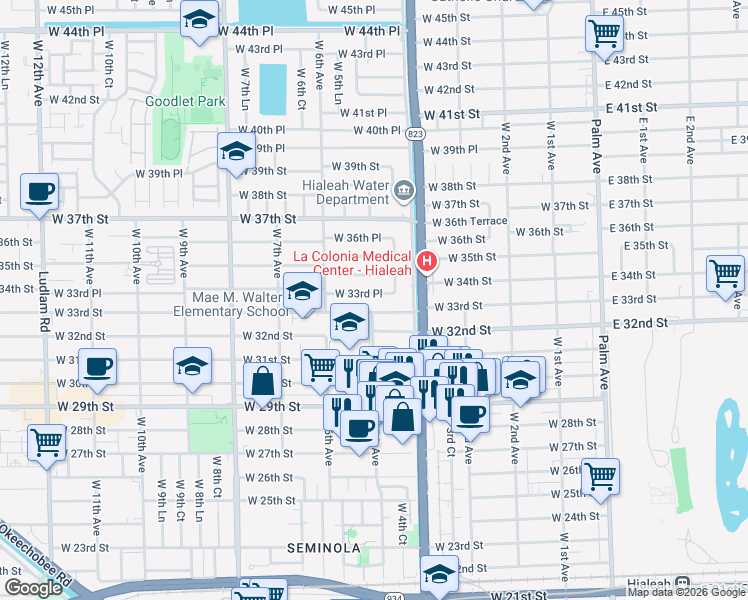 map of restaurants, bars, coffee shops, grocery stores, and more near 481 West 33rd Place in Hialeah