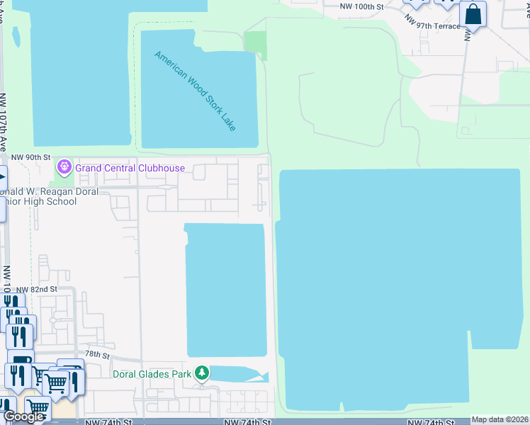 map of restaurants, bars, coffee shops, grocery stores, and more near 8620 Northwest 97th Avenue in Medley