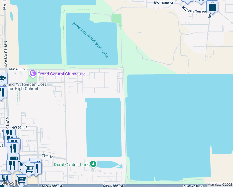 map of restaurants, bars, coffee shops, grocery stores, and more near 8620 Northwest 97th Avenue in Medley