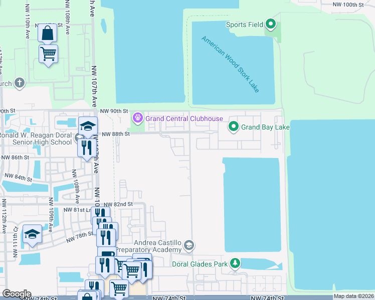 map of restaurants, bars, coffee shops, grocery stores, and more near 8640 Northwest 101st Place in Doral