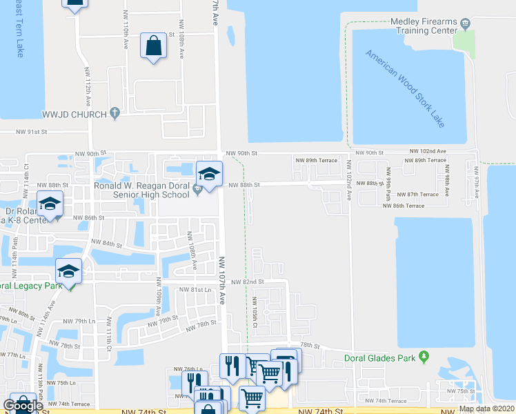 map of restaurants, bars, coffee shops, grocery stores, and more near 10600 Northwest 88th Street in Doral