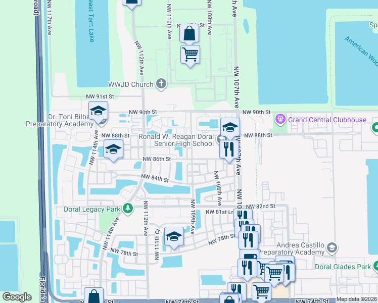 map of restaurants, bars, coffee shops, grocery stores, and more near 8707 Northwest 109th Court in Doral