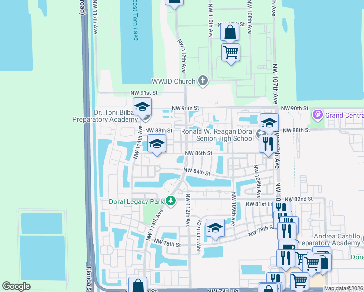 map of restaurants, bars, coffee shops, grocery stores, and more near 8711 Northwest 112th Court in Doral