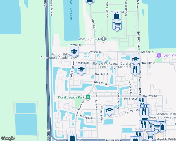 map of restaurants, bars, coffee shops, grocery stores, and more near 11269 Northwest 87th Street in Doral