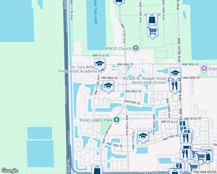 map of restaurants, bars, coffee shops, grocery stores, and more near 11360 Northwest 87th Lane in Medley
