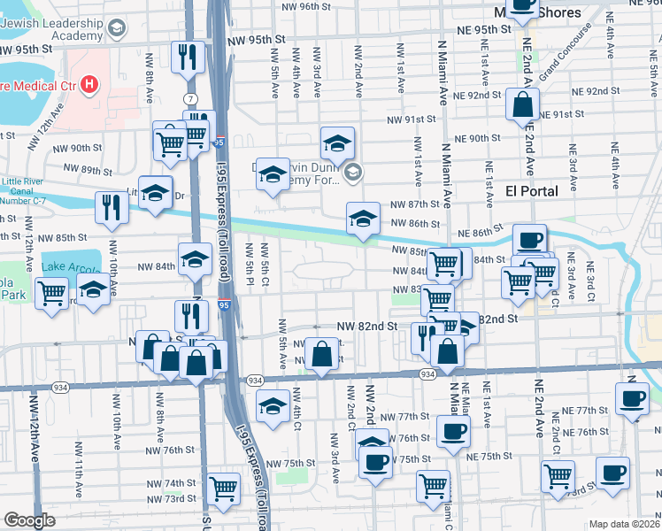 map of restaurants, bars, coffee shops, grocery stores, and more near 328 Northwest 84th Terrace in Miami