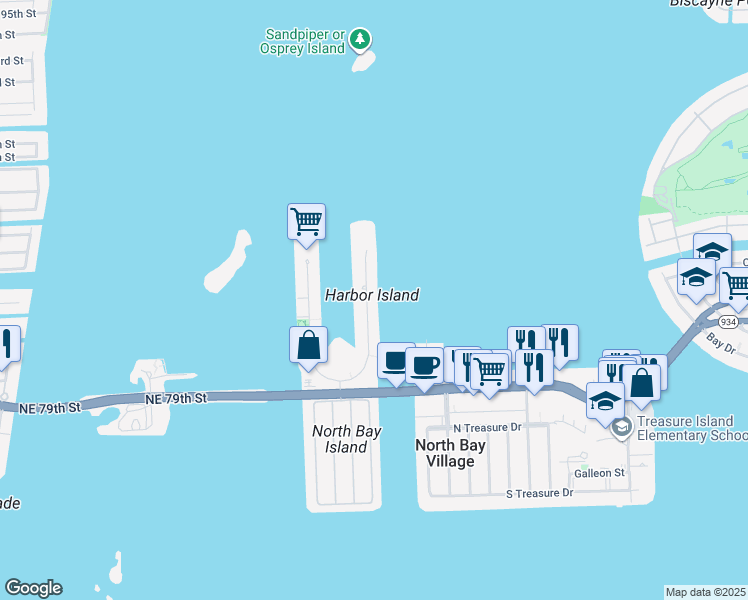 map of restaurants, bars, coffee shops, grocery stores, and more near 7927 East Drive in North Bay Village