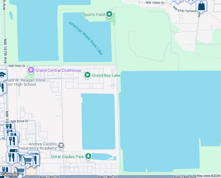 map of restaurants, bars, coffee shops, grocery stores, and more near 8620 Northwest 97th Avenue in Medley