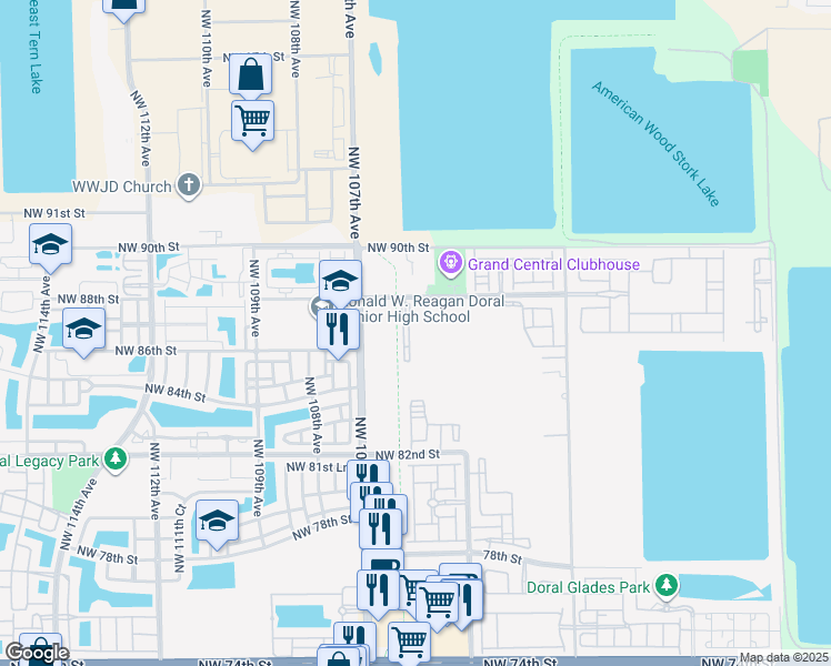map of restaurants, bars, coffee shops, grocery stores, and more near 10630 Northwest 88th Street in Doral