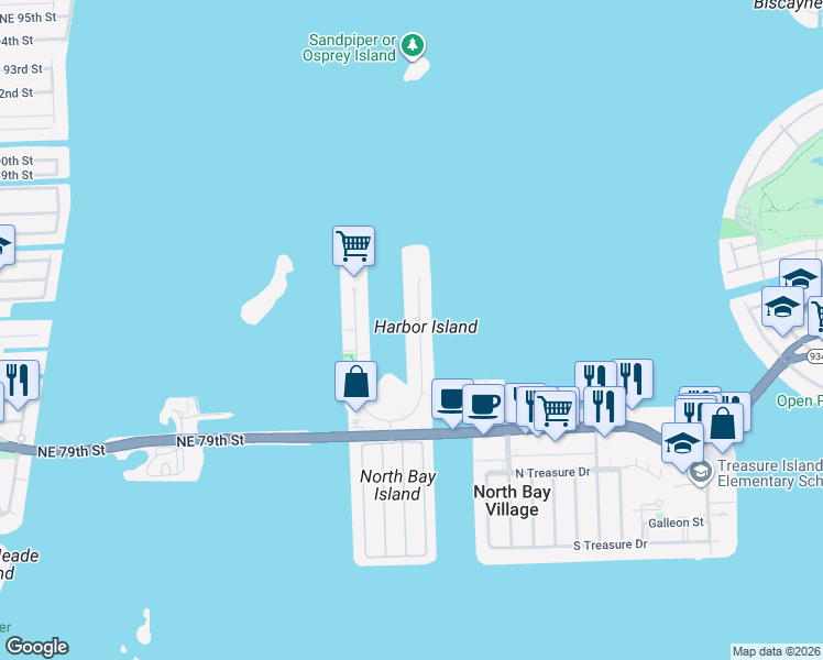 map of restaurants, bars, coffee shops, grocery stores, and more near 7930 East Drive in North Bay Village