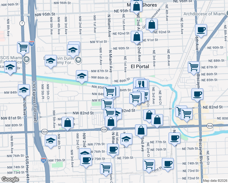 map of restaurants, bars, coffee shops, grocery stores, and more near 18 Northwest 85th Street in Miami