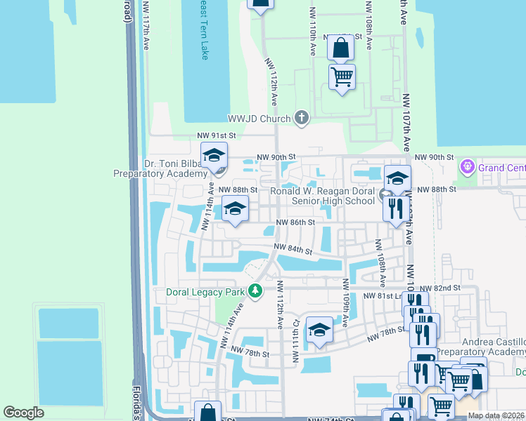 map of restaurants, bars, coffee shops, grocery stores, and more near 8711 Northwest 112th Court in Doral