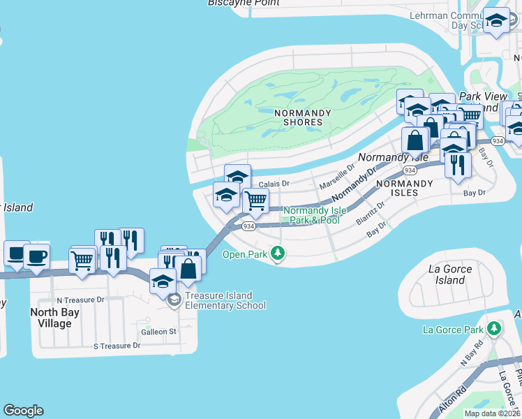 map of restaurants, bars, coffee shops, grocery stores, and more near 1957 Normandy Drive in Miami Beach