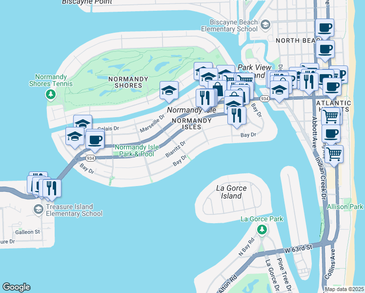 map of restaurants, bars, coffee shops, grocery stores, and more near in Miami Beach