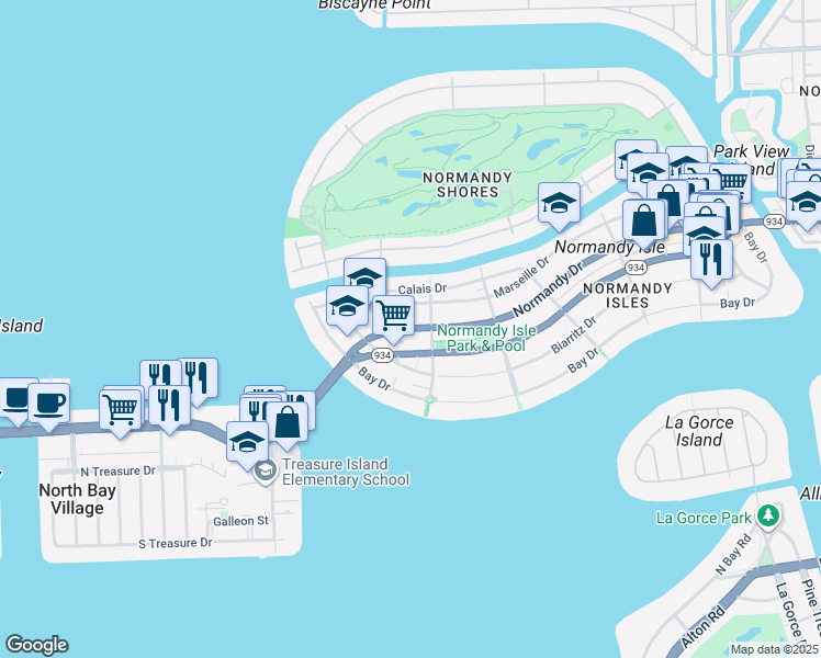 map of restaurants, bars, coffee shops, grocery stores, and more near 1915 Normandy Drive in Miami Beach
