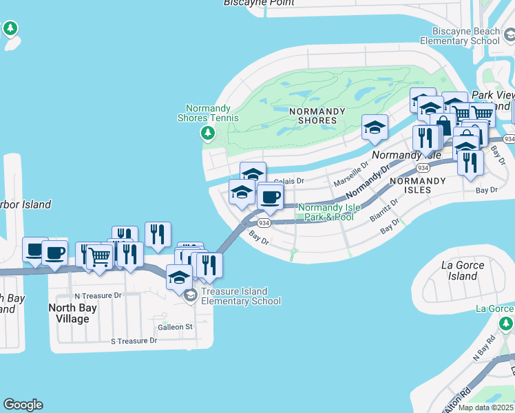 map of restaurants, bars, coffee shops, grocery stores, and more near 1990 Marseille Drive in Miami Beach