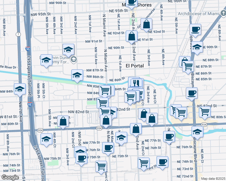 map of restaurants, bars, coffee shops, grocery stores, and more near 95 Northeast 84th Street in Miami
