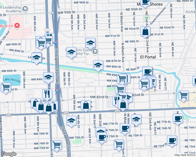 map of restaurants, bars, coffee shops, grocery stores, and more near 254 Northwest 85th Street Road in Miami