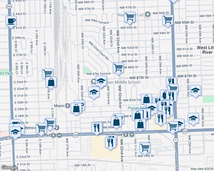 map of restaurants, bars, coffee shops, grocery stores, and more near 3245 Northwest 86th Street in Miami