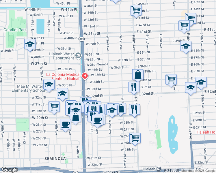 map of restaurants, bars, coffee shops, grocery stores, and more near 176 West 34th Street in Hialeah