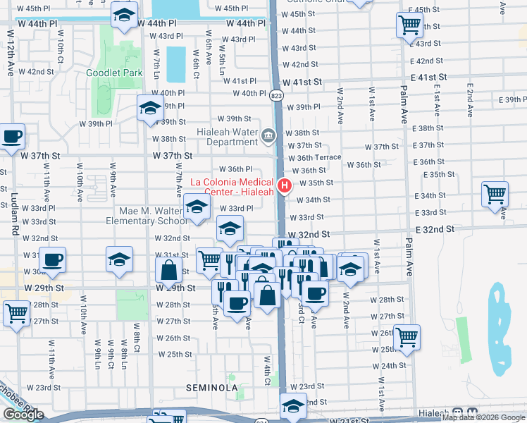 map of restaurants, bars, coffee shops, grocery stores, and more near 481 West 33rd Place in Hialeah