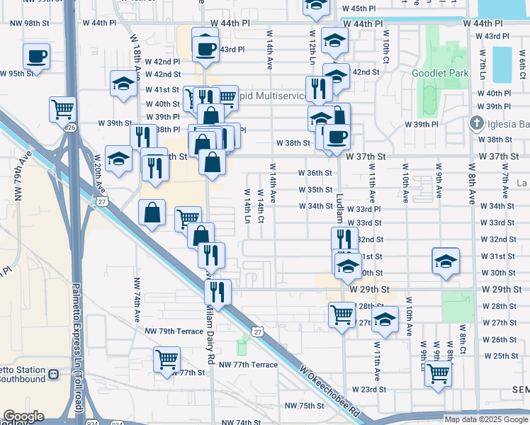 map of restaurants, bars, coffee shops, grocery stores, and more near 3396 West 14th Court in Hialeah