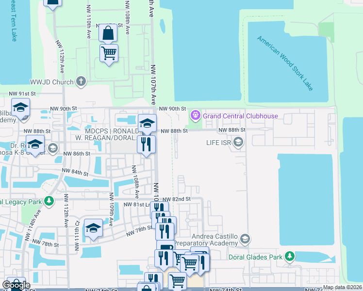 map of restaurants, bars, coffee shops, grocery stores, and more near 10600 Northwest 88th Street in Doral