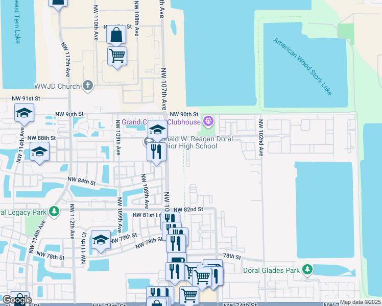 map of restaurants, bars, coffee shops, grocery stores, and more near 10600 Northwest 88th Street in Doral