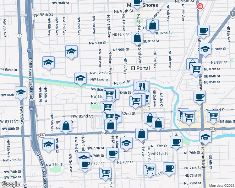 map of restaurants, bars, coffee shops, grocery stores, and more near 95 Northeast 84th Street in Miami