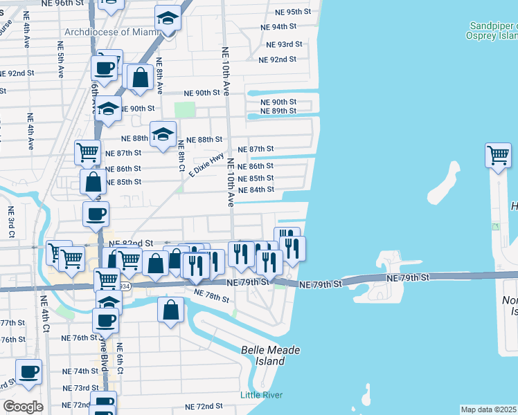 map of restaurants, bars, coffee shops, grocery stores, and more near 1087 Northeast 83rd Street in Miami