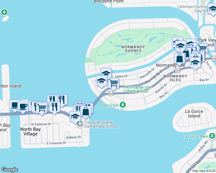 map of restaurants, bars, coffee shops, grocery stores, and more near 1990 Marseille Drive in Miami Beach