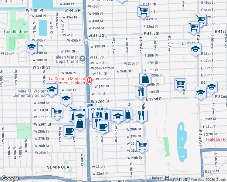 map of restaurants, bars, coffee shops, grocery stores, and more near 176 West 34th Street in Hialeah