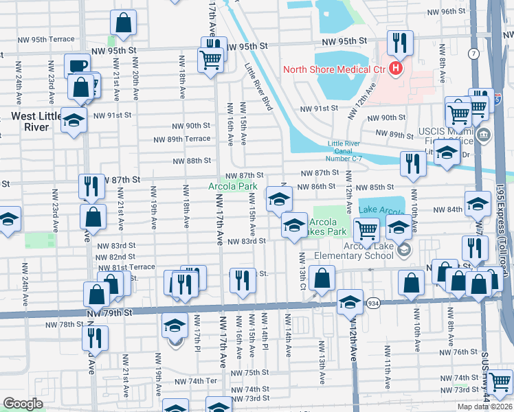 map of restaurants, bars, coffee shops, grocery stores, and more near 8444 Northwest 14th Court in Miami